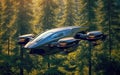 A futuristic drone car flies into the forest among the trees.