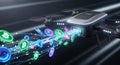 Futuristic drone delivering cryptocurrency data streams through a digital network of global finance Royalty Free Stock Photo