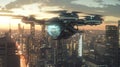 Futuristic Drone Flying Over Modern City at Sunset Royalty Free Stock Photo