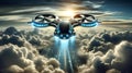 Futuristic drone flying above the clouds with a sunset in the background Royalty Free Stock Photo