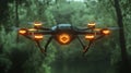 Futuristic drone flying over forest landscape, showcasing advanced technology and design Royalty Free Stock Photo