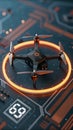 Futuristic drone hovering within a glowing orange technological circuit board Royalty Free Stock Photo