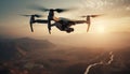 Futuristic drone hovering mid air captures stunning mountain sunset landscape generated by AI