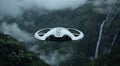 Futuristic drone hovering over misty mountains