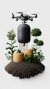 A futuristic drone hovering over plants showcasing advanced agricultural technology in a stylish modern landscape Royalty Free Stock Photo