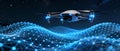 A futuristic drone hovers above a digital wave of interconnected nodes set against a starry night sky symbolizing advanced Royalty Free Stock Photo