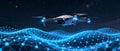 A futuristic drone hovers above a digital wave of interconnected nodes symbolizing advanced technology and data connectivity in a Royalty Free Stock Photo