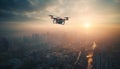 Futuristic drone hovers mid air, capturing city life at dusk generated by AI