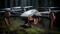 Futuristic drone hovers mid air, capturing nature with remote camera generated by AI