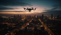 Futuristic drone hovers mid air, watching city life at dusk generated by AI