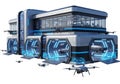 Futuristic drone hub with a sleek, rectangular design featuring blue LED accents. The building has Royalty Free Stock Photo