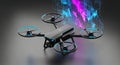 Futuristic drone with neon lights flying in digital storm Royalty Free Stock Photo