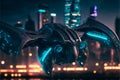 Futuristic drone sci-fi scene flying over city. AI generated. Selective Focus