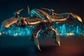 Futuristic drone sci-fi scene flying over city. AI generated. Selective Focus