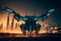 Futuristic drone sci-fi scene flying over city. AI generated. Selective Focus