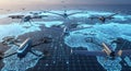Futuristic Drone Swarm Over a Global Digital Network Royalty Free Stock Photo