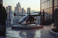 Futuristic drone taxi on rooftop helipad in urban environment