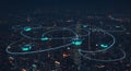 Futuristic drones navigate the smart city network at night Royalty Free Stock Photo