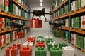 Futuristic drones sorting colorful wrapped gifts in warehouse aisle. concept of modern logistics, advanced technology, holiday Royalty Free Stock Photo