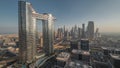 Futuristic Dubai Downtown and financial district skyline aerial night to day timelapse. Royalty Free Stock Photo