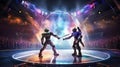 Futuristic Duel: Intense Clash of Metallic Rivals in High-Tech Arena