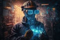 Industrial worker using augmented reality goggles in a factory