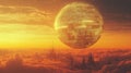 Futuristic dyson sphere orbiting cloud city sunset Royalty Free Stock Photo