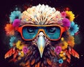 The Futuristic Eagle Bird Head has a flower and sunglasses on a clean background.