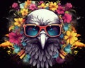 The Futuristic Eagle Bird Head has a flower and sunglasses on a clean background.