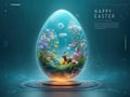 A futuristic Easter poster featuring a glowing, tech-infused egg containing an underwater ecosystem and a small rabbit The egg Royalty Free Stock Photo