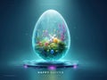 Futuristic Easter poster with a floating, glowing egg containing miniature ecosystem and rabbit above a lit platform Backdrop Royalty Free Stock Photo