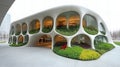 Futuristic eco-friendly building with innovative green architecture and curved design