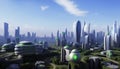 A futuristic, eco-friendly cityscape featuring lush greenery, skyscrapers and urban green spaces. Environmentally sustainable city