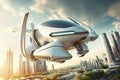 Futuristic Eco Friendly Flying Drone in City Illustration, Air Passenger Transport Concept, Futuristic Taxi, Generative AI Royalty Free Stock Photo