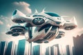 Futuristic Eco Friendly Flying Drone in City Illustration, Air Passenger Transport Concept, Futuristic Taxi, Generative AI Royalty Free Stock Photo