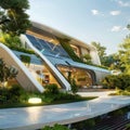 A futuristic eco-friendly house with solar panels on the roof and lush greenery around, situated on a cliff surrounded Royalty Free Stock Photo