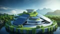 A futuristic eco-friendly house with solar panels on the roof and lush greenery around, situated on a cliff surrounded Royalty Free Stock Photo