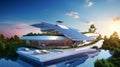 A futuristic eco-friendly house with solar panels on the roof and lush greenery around, situated on a cliff surrounded Royalty Free Stock Photo