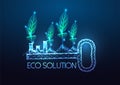 Futuristic eco solution, sustainable business, startup concept with glowing key and green plants