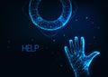 Futuristic economic help, crisis support concept with glowing low polygonal human hand reaching lifesaver life buoy