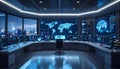 Futuristic economic policy control room with AI dashboards and data forecasting analysis concept Royalty Free Stock Photo