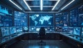 Futuristic economic policy control room with AI dashboards and data forecasting analysis concept Royalty Free Stock Photo