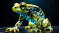 captivating glow - cyborg frog, deep green eyes, evolves in mechanical jungle, futuristic symbiosis in motion