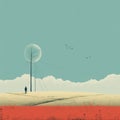 Futuristic Editorial Illustration: Lone Figure In Moonlit Field