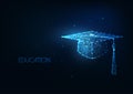 Futuristic education concept with glowing low polygonal graduation hat on dark blue background.