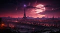 Futuristic Eiffel tower in amethyst cityscape. Created with Generative AI