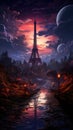 Futuristic Eiffel tower in amethyst cityscape. Created with Generative AI