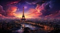 Futuristic Eiffel tower in amethyst cityscape. Created with Generative AI