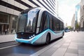 futuristic electric bus cruising down the busy city street, with its sleek design and eco-friendly technology Royalty Free Stock Photo