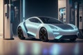 Futuristic electric car being charged on a large charging station, AI generated